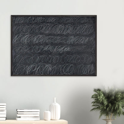 Cold Stream by Cy Twombly framed art print; featuring dense, repeating white and gray scribbled lines arranged in horizontal rows across a deep charcoal-gray.
