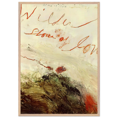 Wilder Shores of Love by Cy Twombly, framed art print, sweeping red and orange handwritten marks, subtle pencil lines, 70x100 cm (28x40 in), black frame