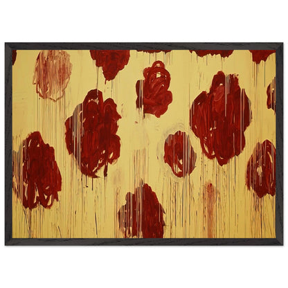 Untitled (Blooming, A Scattering of Blossoms & Other Things) by Cy Twombly framed art print; featuring vivid crimson-red and deep burgundy blossoms scattered across a luminous golden-yellow background; size 800 × 1200 mm (32 × 48 in); wood frame.