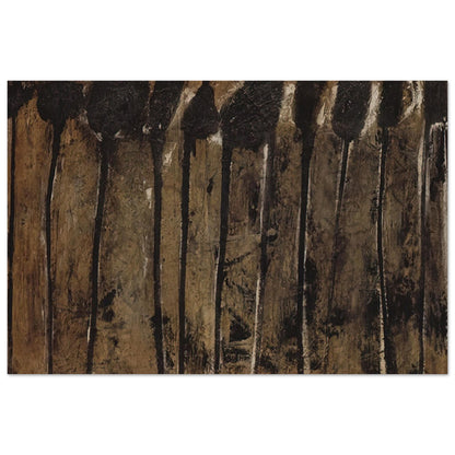 Solon I by Cy Twombly poster, 60 × 90 cm / 24 × 36 in: This atmospheric composition features elongated black and dark brown forms against a textured background….