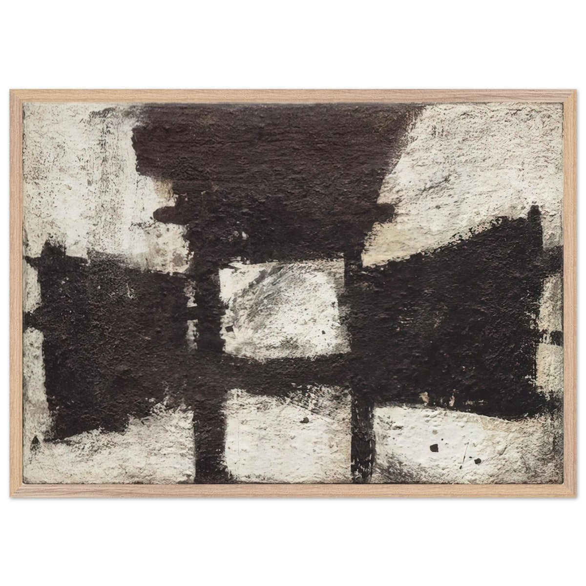 Zyig by Cy Twombly framed art print; featuring bold black and dark brown geometric forms against a textured ivory background; size A1 (59.4 × 84.1 cm); wood frame.