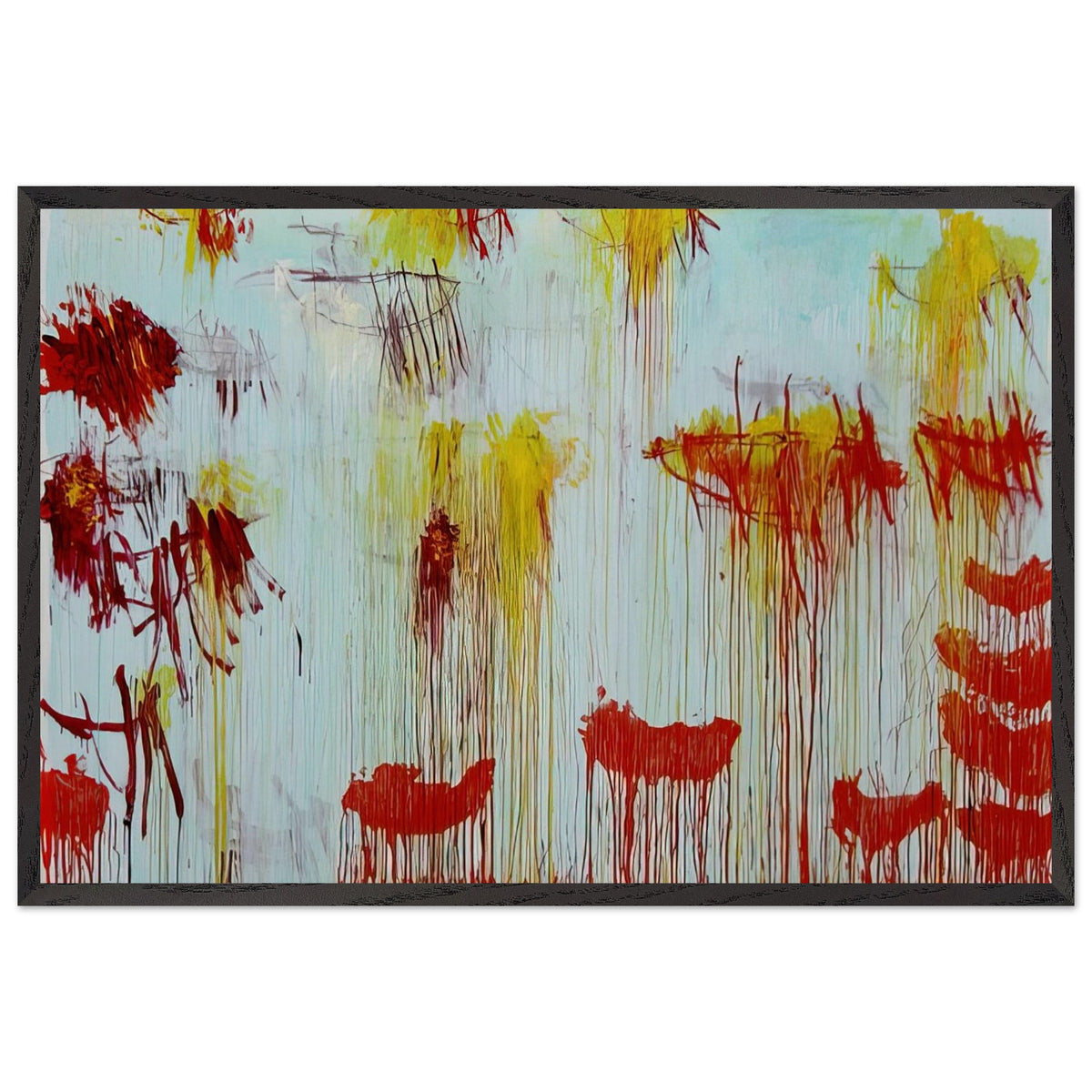 Lepanto, Part XI by Cy Twombly framed art print; featuring a luminous turquoise and pale blue background with vibrant golden-yellow brushstrokes; size 50 × 70 cm (20 × 28 in); wood frame.