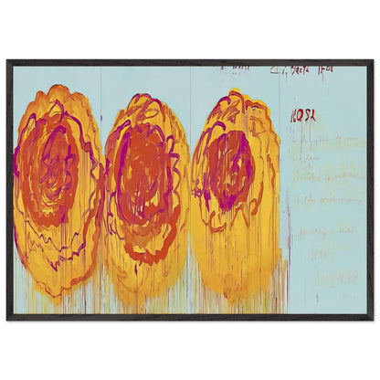 The Rose (I) by Cy Twombly framed art print; featuring three large, abstract rose forms painted in radiant golden yellow, fiery orange, deep red; size 800 × 1200 mm (32 × 48 in); white frame.