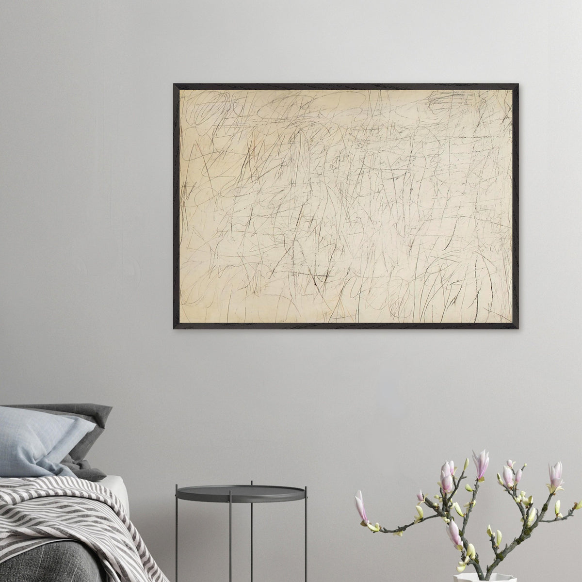 The Geeks by Cy Twombly framed art print; featuring an ivory and warm beige background covered with delicate pencil-like scribbles, intersecting lines.