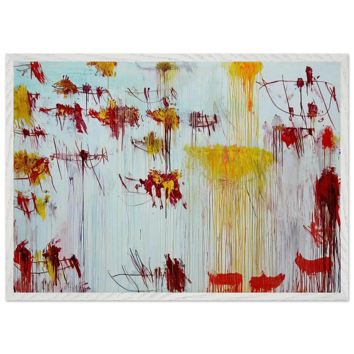 Lepanto, Part X by Cy Twombly framed art print; featuring a luminous pale blue and turquoise background, vivid golden-yellow brushstrokes; size 50 × 70 cm (20 × 28 in); black frame.