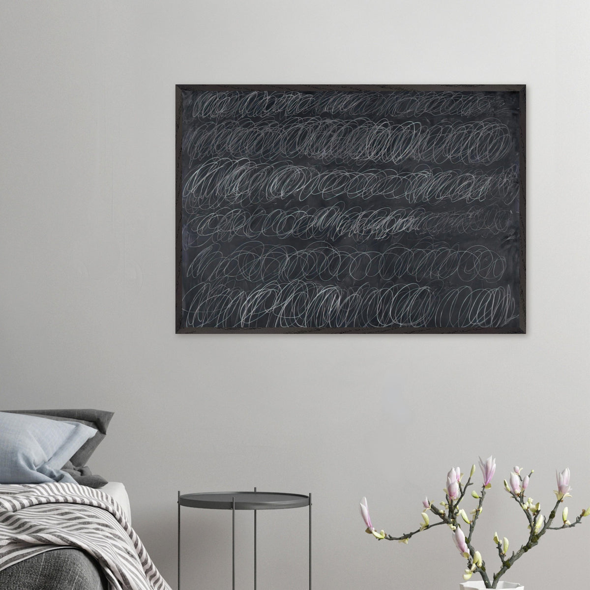 Cold Stream by Cy Twombly framed art print; featuring dense, repeating white and gray scribbled lines arranged in horizontal rows across a deep charcoal-gray.