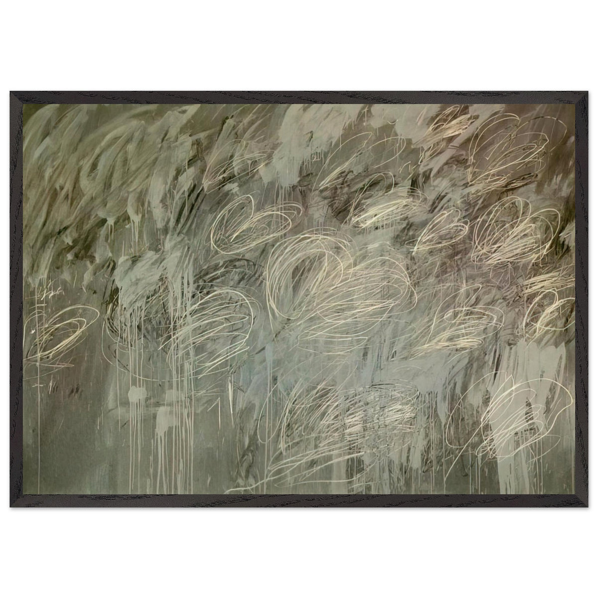 III Notes from Salalah (Note II) by Cy Twombly framed art print; featuring intricate ivory and pale gray looping lines across a richly layered background of muted olive green, gray; size 60 × 90 cm (24 × 36 in); black frame.