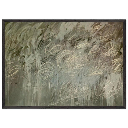 III Notes from Salalah (Note II) by Cy Twombly framed art print; featuring intricate ivory and pale gray looping lines across a richly layered background of muted olive green, gray; size 60 × 90 cm (24 × 36 in); black frame.