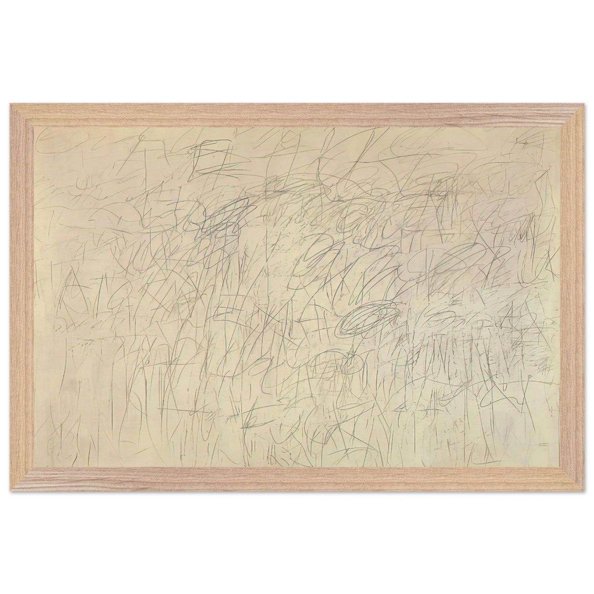Academy by Cy Twombly framed art print; featuring an intricate network of delicate gray and black scribbles, overlapping lines, spontaneous gestures; size 800 × 1200 mm (32 × 48 in); black frame.