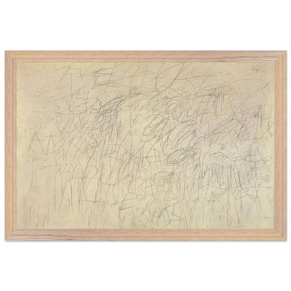 Academy by Cy Twombly framed art print; featuring an intricate network of delicate gray and black scribbles, overlapping lines, spontaneous gestures; size 800 × 1200 mm (32 × 48 in); black frame.