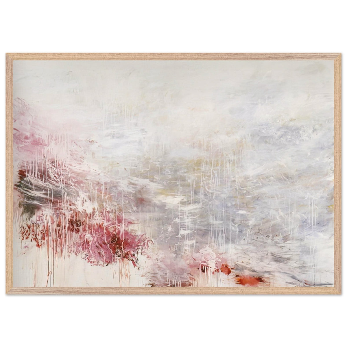 Hero and Leander (To Christopher Marlowe) [Rome] by Cy Twombly framed art print; featuring delicate washes of white, soft pink, dusty rose, and muted gray; size 800 × 1200 mm (32 × 48 in); black frame.