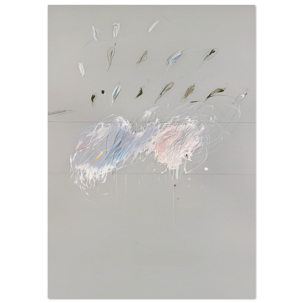 Nine Discourses on Commodus, Part VI by Cy Twombly, poster, muted gray background, delicate white brushstrokes, 75x100 cm (30x40 in)