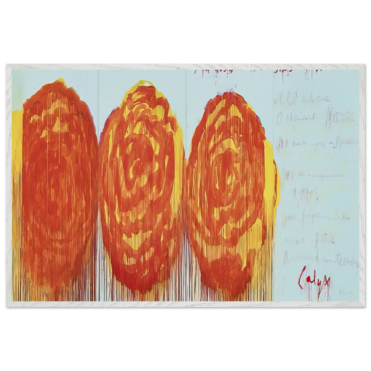 The Rose (II) by Cy Twombly framed art print; featuring three oversized rose-like forms in vibrant orange, fiery red; size A1 (59.4 × 84.1 cm); wood frame.
