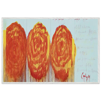 The Rose (II) by Cy Twombly framed art print; featuring three oversized rose-like forms in vibrant orange, fiery red; size A1 (59.4 × 84.1 cm); wood frame.