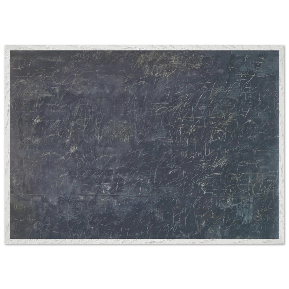 Panorama by Cy Twombly framed art print; featuring a deep charcoal-gray background covered with intricate white and pale-gray scribbles, intersecting lines; size A1 (59.4 × 84.1 cm); black frame.