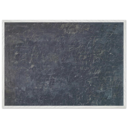 Panorama by Cy Twombly framed art print; featuring a deep charcoal-gray background covered with intricate white and pale-gray scribbles, intersecting lines; size A1 (59.4 × 84.1 cm); black frame.