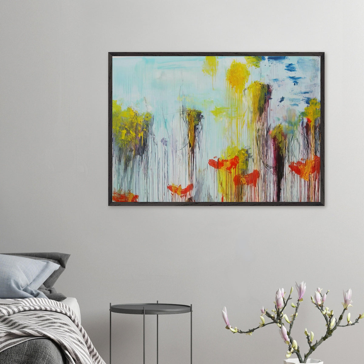 Lepanto, Part VII by Cy Twombly framed art print; featuring vibrant turquoise and aquamarine tones, vivid yellow brushstrokes, fiery orange and red accents.