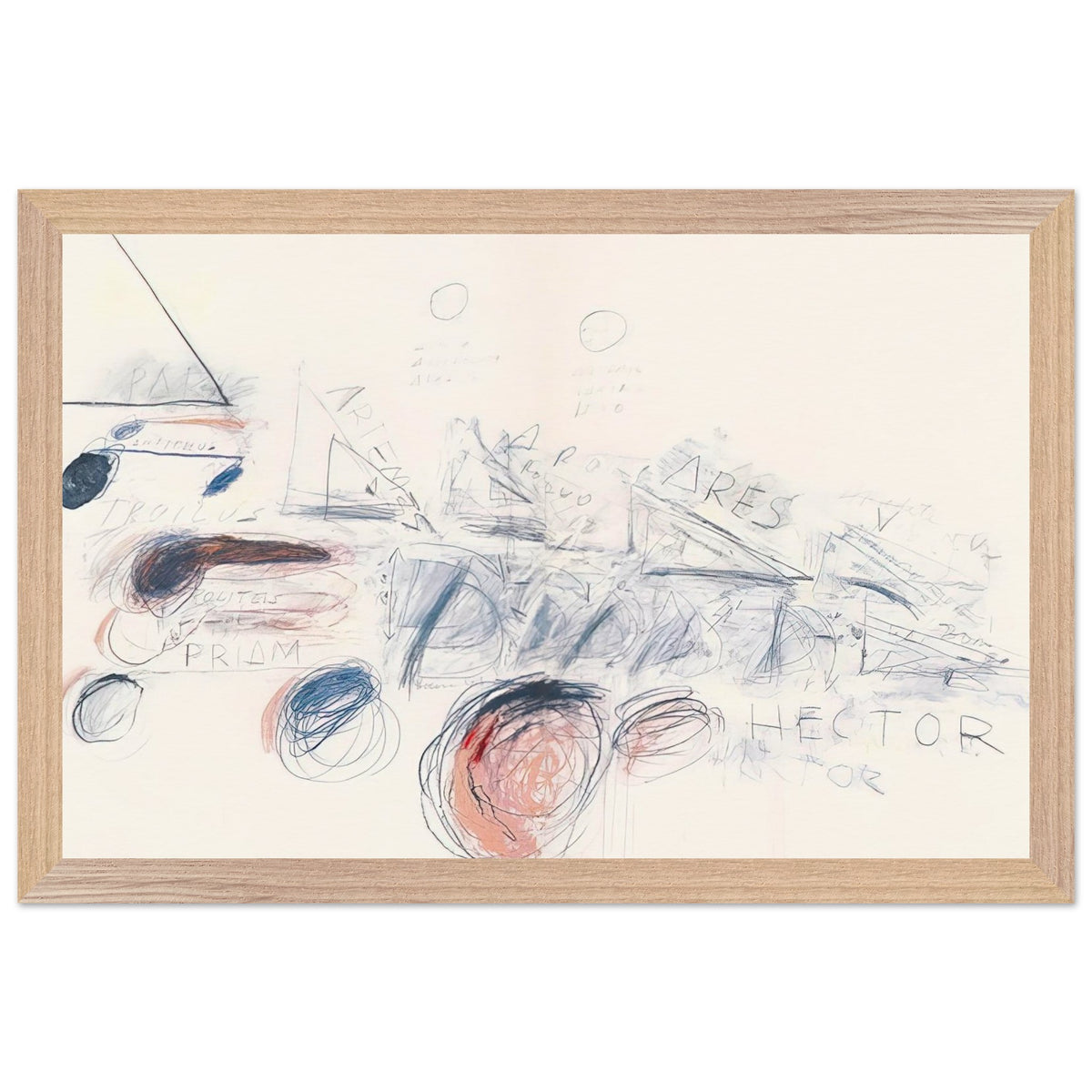 Fifty Days at Iliam: Ilians in Battle by Cy Twombly framed art print; featuring delicate blue-gray lines, energetic red marks, overlapping geometric shapes; size 50 × 70 cm (20 × 28 in); black frame.