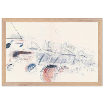 Fifty Days at Iliam: Ilians in Battle by Cy Twombly framed art print; featuring delicate blue-gray lines, energetic red marks, overlapping geometric shapes; size 50 × 70 cm (20 × 28 in); black frame.