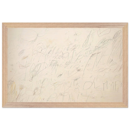 Olympia by Cy Twombly framed art print; featuring a warm ivory and pale cream background covered with delicate pencil-like lines, overlapping scribbles; size 28 × 43 cm (11 × 17 in); wood frame.