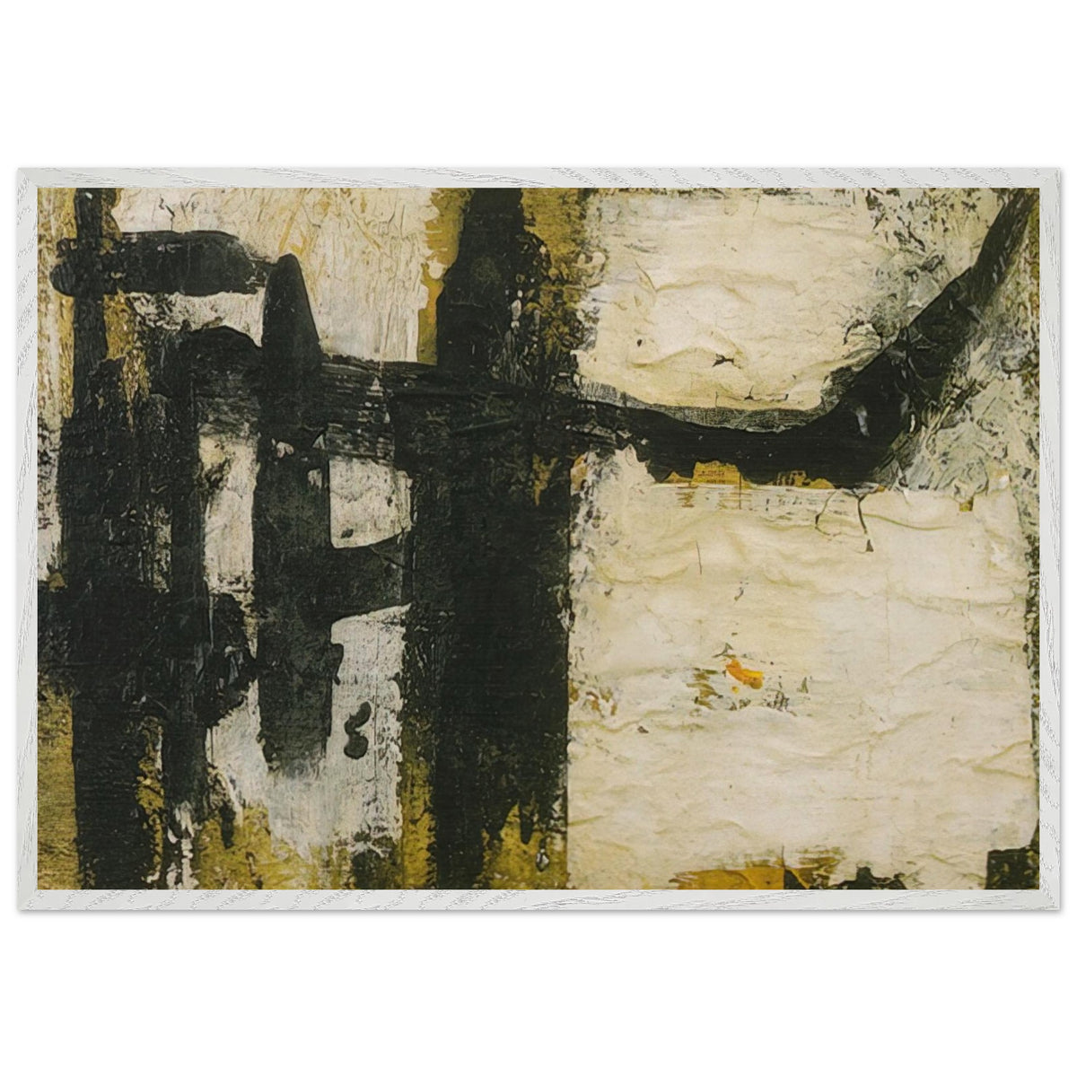 Landscape by Cy Twombly framed art print; featuring bold black and charcoal forms, textured ivory and cream surfaces, and subtle accents of ochre, olive green; size 60 × 90 cm (24 × 36 in); white frame.