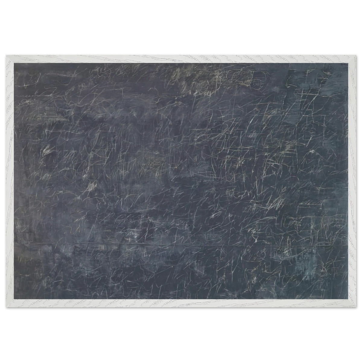 Panorama by Cy Twombly framed art print; featuring a deep charcoal-gray background covered with intricate white and pale-gray scribbles, intersecting lines; size 70 × 100 cm (28 × 40 in); wood frame.