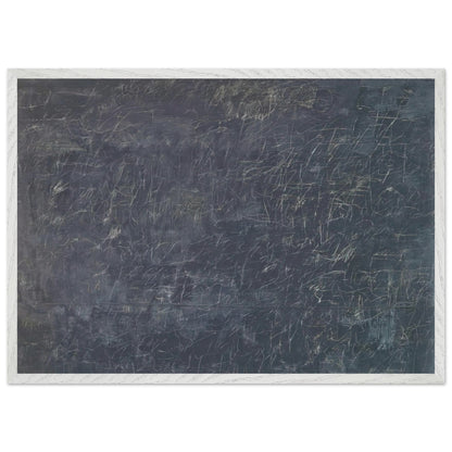 Panorama by Cy Twombly framed art print; featuring a deep charcoal-gray background covered with intricate white and pale-gray scribbles, intersecting lines; size 70 × 100 cm (28 × 40 in); wood frame.