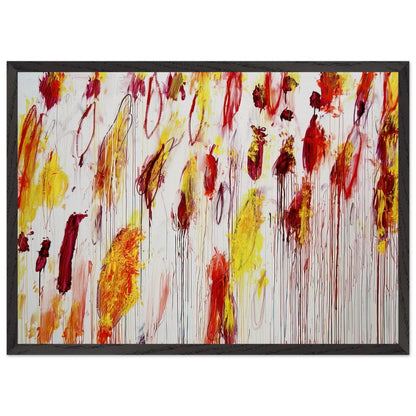 Lepanto, Part IV by Cy Twombly framed art print; featuring vivid yellow and golden-orange pigments, fiery red and crimson brushstrokes, delicate pink accents; size 70 × 100 cm (28 × 40 in); white frame.