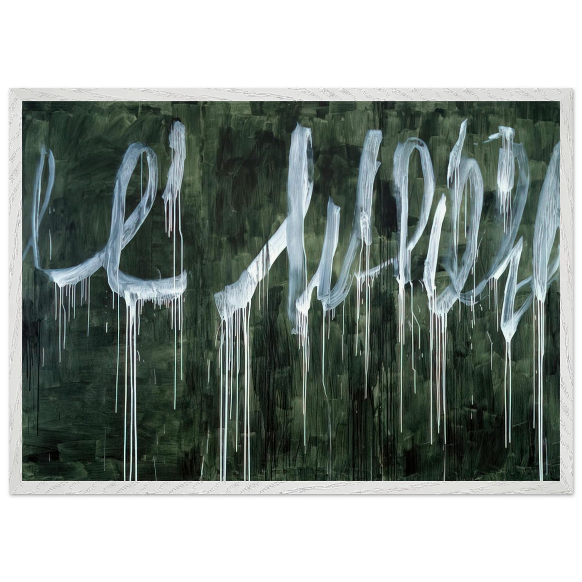 III Notes from Salalah (Note I) by Cy Twombly framed art print; featuring expressive white looping strokes and elongated paint drips against a rich, dark green background; size 50 × 70 cm (20 × 28 in); wood frame.