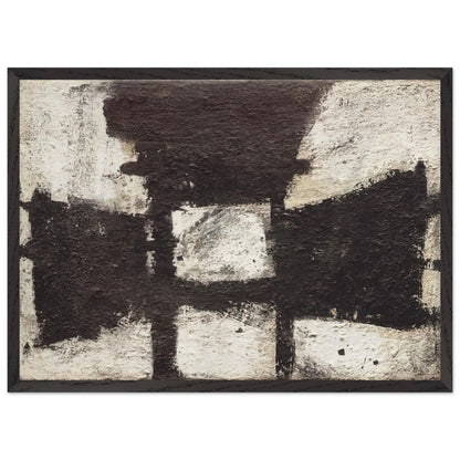 Zyig by Cy Twombly framed art print; featuring bold black and dark brown geometric forms against a textured ivory background; size 70 × 100 cm (28 × 40 in); black frame.