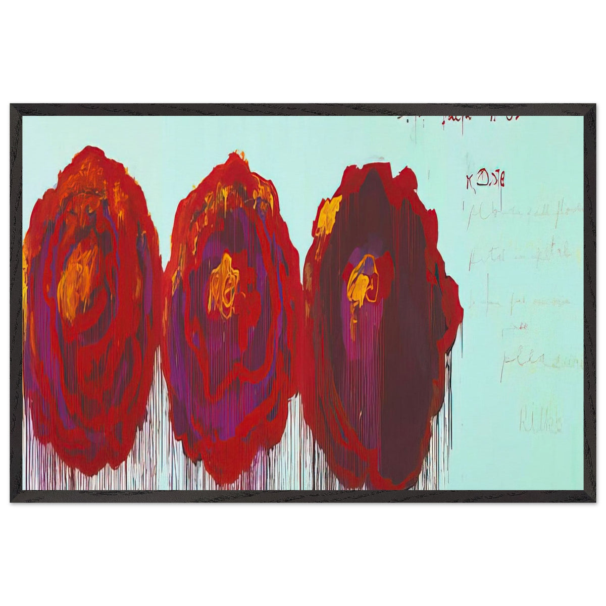 The Rose (IV) by Cy Twombly framed art print; featuring three oversized rose forms in deep crimson, fiery red, rich burgundy, and vivid violet; size 30 × 45 cm (12 × 18 in); white frame.