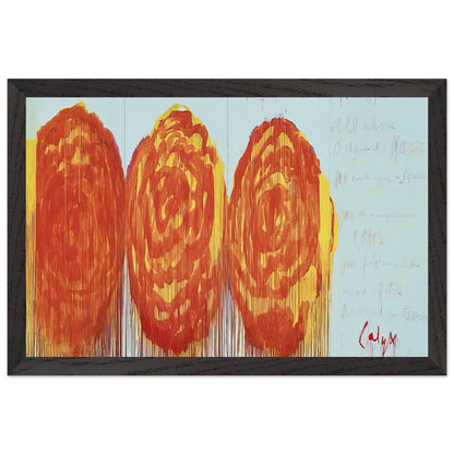 The Rose (II) by Cy Twombly framed art print; featuring three oversized rose-like forms in vibrant orange, fiery red; size 800 × 1200 mm (32 × 48 in); black frame.