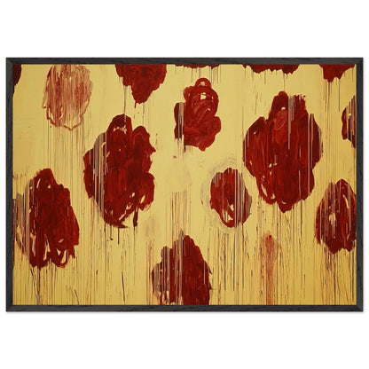 Untitled (Blooming, A Scattering of Blossoms & Other Things) by Cy Twombly framed art print; featuring vivid crimson-red and deep burgundy blossoms scattered across a luminous golden-yellow background; size 800 × 1200 mm (32 × 48 in); white frame.