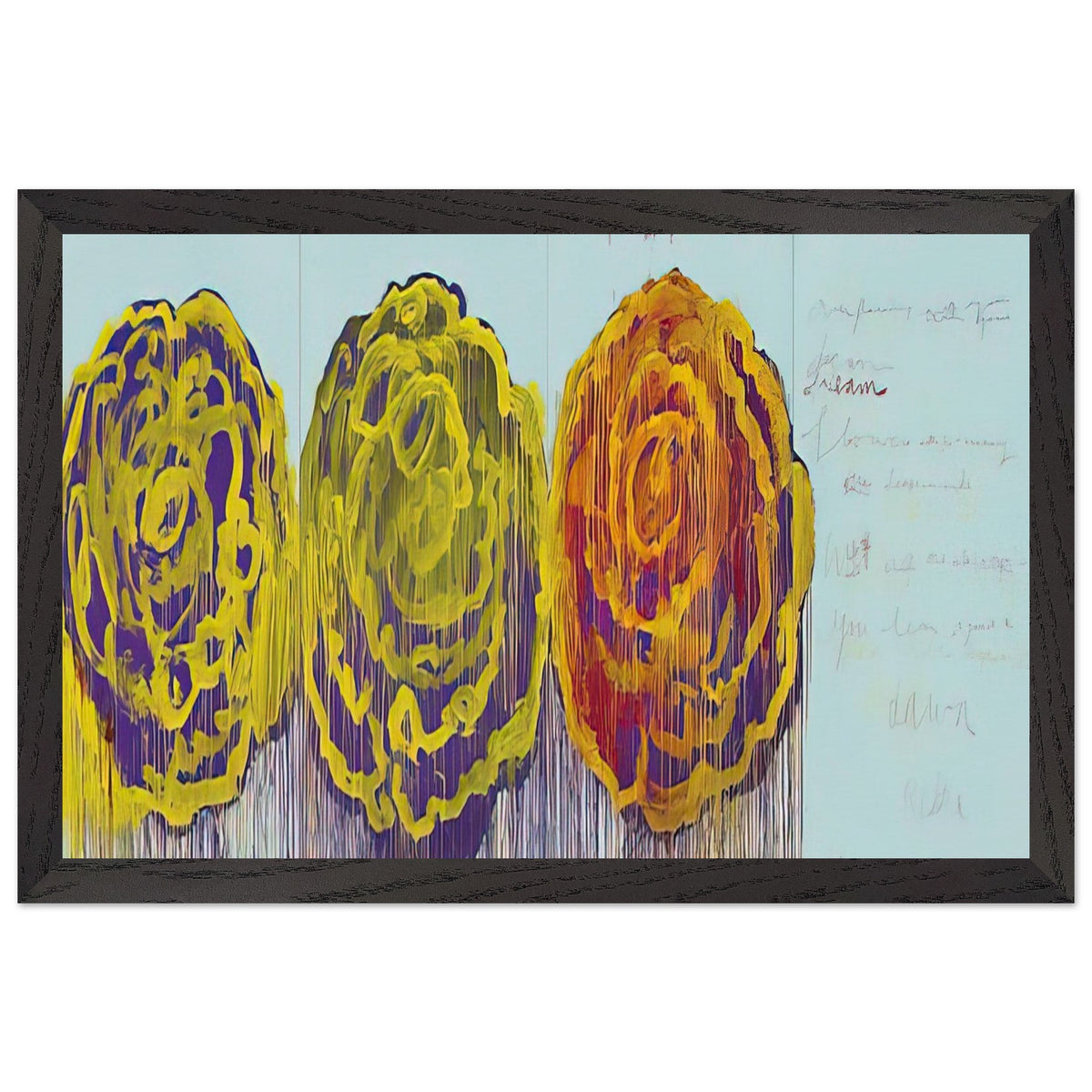 The Rose (III) by Cy Twombly framed art print; featuring three oversized rose-like forms in vivid golden yellow, fiery orange, rich magenta; size 50 × 70 cm (20 × 28 in); black frame.
