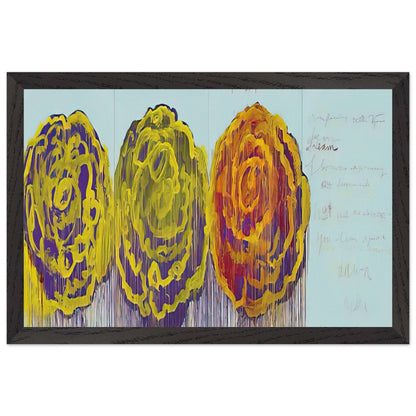 The Rose (III) by Cy Twombly framed art print; featuring three oversized rose-like forms in vivid golden yellow, fiery orange, rich magenta; size 50 × 70 cm (20 × 28 in); black frame.