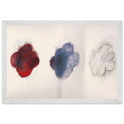 Fifty Days at Iliam: Shades of Achilles, Patroclus, and Hector by Cy Twombly framed art print; featuring three large, cloud-like forms arranged horizontally against a luminous ivory background; size 30 × 45 cm (12 × 18 in); black frame.