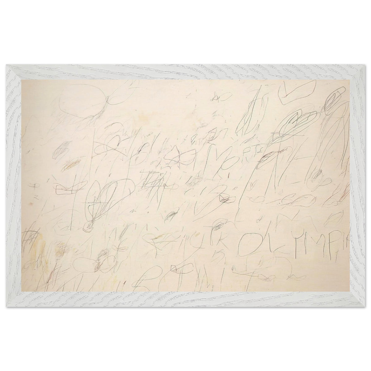 Olympia by Cy Twombly framed art print; featuring a warm ivory and pale cream background covered with delicate pencil-like lines, overlapping scribbles; size 28 × 43 cm (11 × 17 in); black frame.