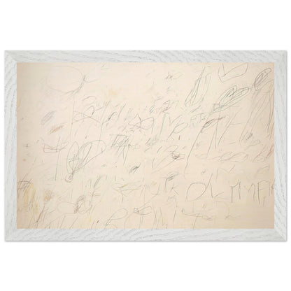 Olympia by Cy Twombly framed art print; featuring a warm ivory and pale cream background covered with delicate pencil-like lines, overlapping scribbles; size 28 × 43 cm (11 × 17 in); black frame.