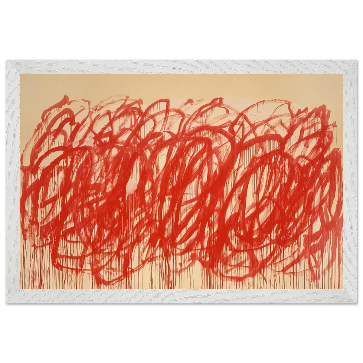 Untitled (Bacchus) by Cy Twombly framed art print; featuring sweeping vermilion-red brushstrokes, overlapping loops, energetic curves; size 50 × 70 cm (20 × 28 in); black frame.