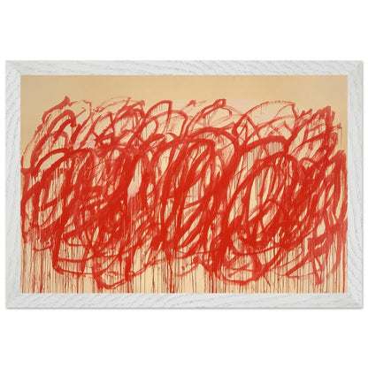 Untitled (Bacchus) by Cy Twombly framed art print; featuring sweeping vermilion-red brushstrokes, overlapping loops, energetic curves; size 50 × 70 cm (20 × 28 in); black frame.