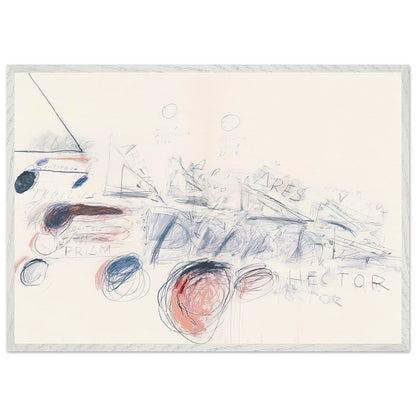 Fifty Days at Iliam: Ilians in Battle by Cy Twombly framed art print; featuring delicate blue-gray lines, energetic red marks, overlapping geometric shapes; size 70 × 100 cm (28 × 40 in); white frame.