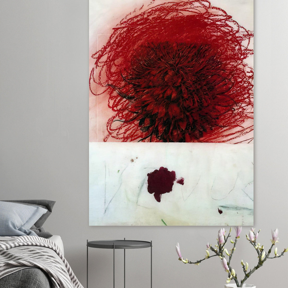 Pan II by Cy Twombly, poster, intense red composition with dense dark brushstrokes and swirling