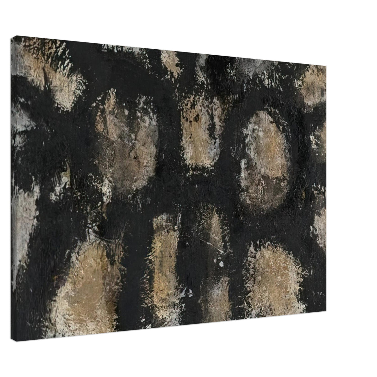 Myo by Cy Twombly canvas print, 40 × 50 cm / 16 × 20 in: This striking composition features irregular ivory, beige, and earthy forms emerging from a deep….
