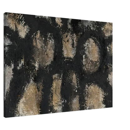 Myo by Cy Twombly canvas print, 40 × 50 cm / 16 × 20 in: This striking composition features irregular ivory, beige, and earthy forms emerging from a deep….