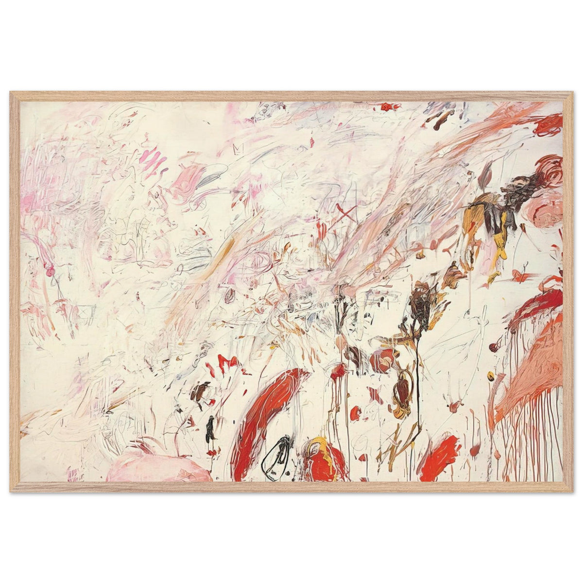 Ferragosto III by Cy Twombly framed art print; featuring energetic brushstrokes, delicate scribbles, and layered gestures in shades of red, pink, rust, orange, ochre; size A1 (59.4 × 84.1 cm); black frame.