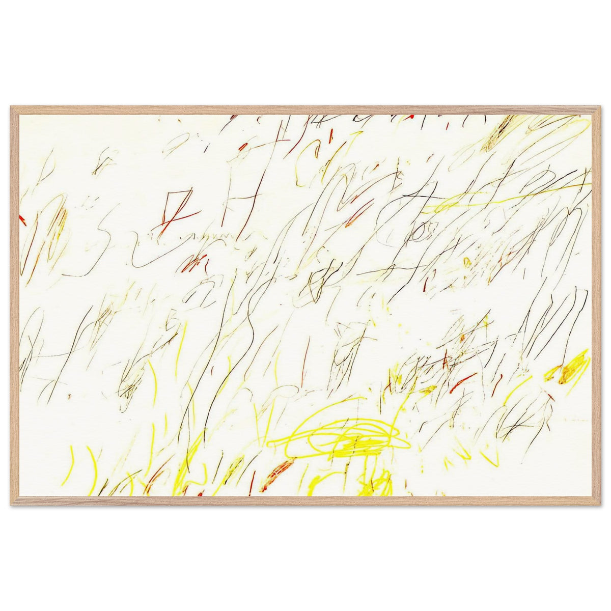 Blue Room by Cy Twombly framed art print; featuring delicate, spontaneous scribbles and gestural lines in shades of black, red, orange; size 28 × 43 cm (11 × 17 in); wood frame.