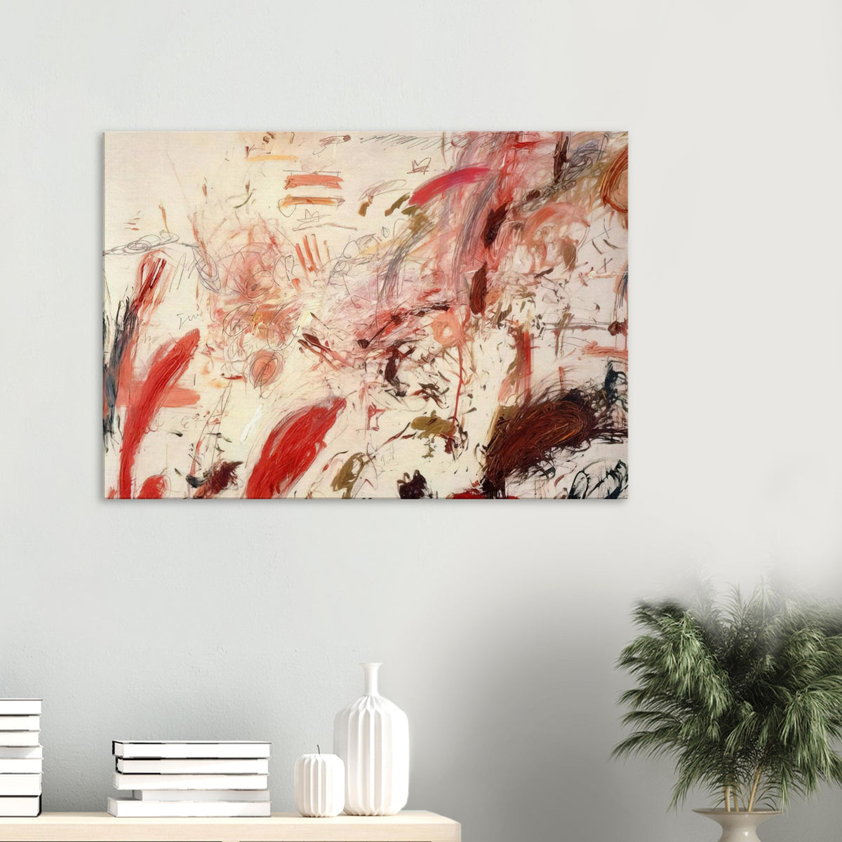 Ferragosto IV by Cy Twombly canvas print: a pale cream background covered with energetic brushstrokes, spontaneous lines, and layered marks in red….