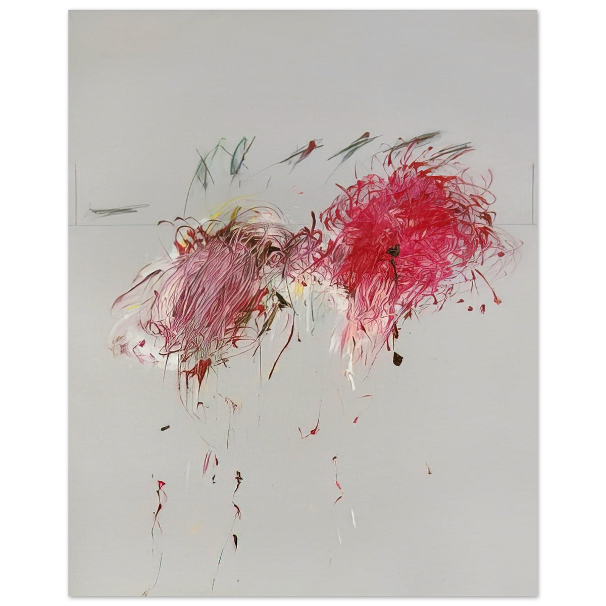 Nicola's Irises by Cy Twombly, poster, 100x150 cm / 40x60″; sweeping red and crimson brushstrokes, delicate pink accents, cool blue details, and dark gestural lines against a pale background