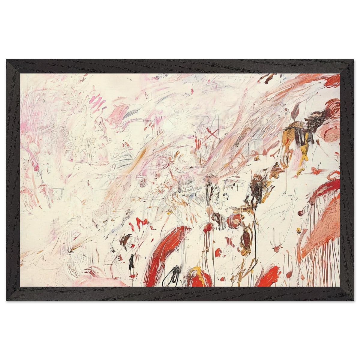Ferragosto III by Cy Twombly framed art print; featuring energetic brushstrokes, delicate scribbles, and layered gestures in shades of red, pink, rust, orange, ochre; size 60 × 90 cm (24 × 36 in); wood frame.