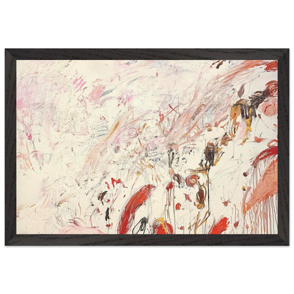 Ferragosto III by Cy Twombly framed art print; featuring energetic brushstrokes, delicate scribbles, and layered gestures in shades of red, pink, rust, orange, ochre; size 60 × 90 cm (24 × 36 in); wood frame.